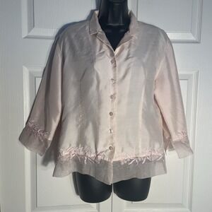 Vintage Silkland Shirt Women M Pink Dainty Embroidered Button Up Silk Fairycore
